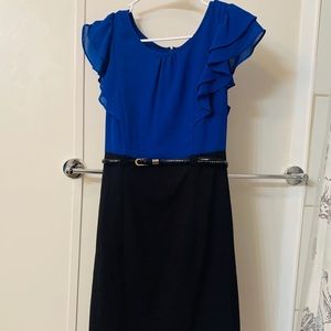 Knee-Length fitted dress with belt accessory.